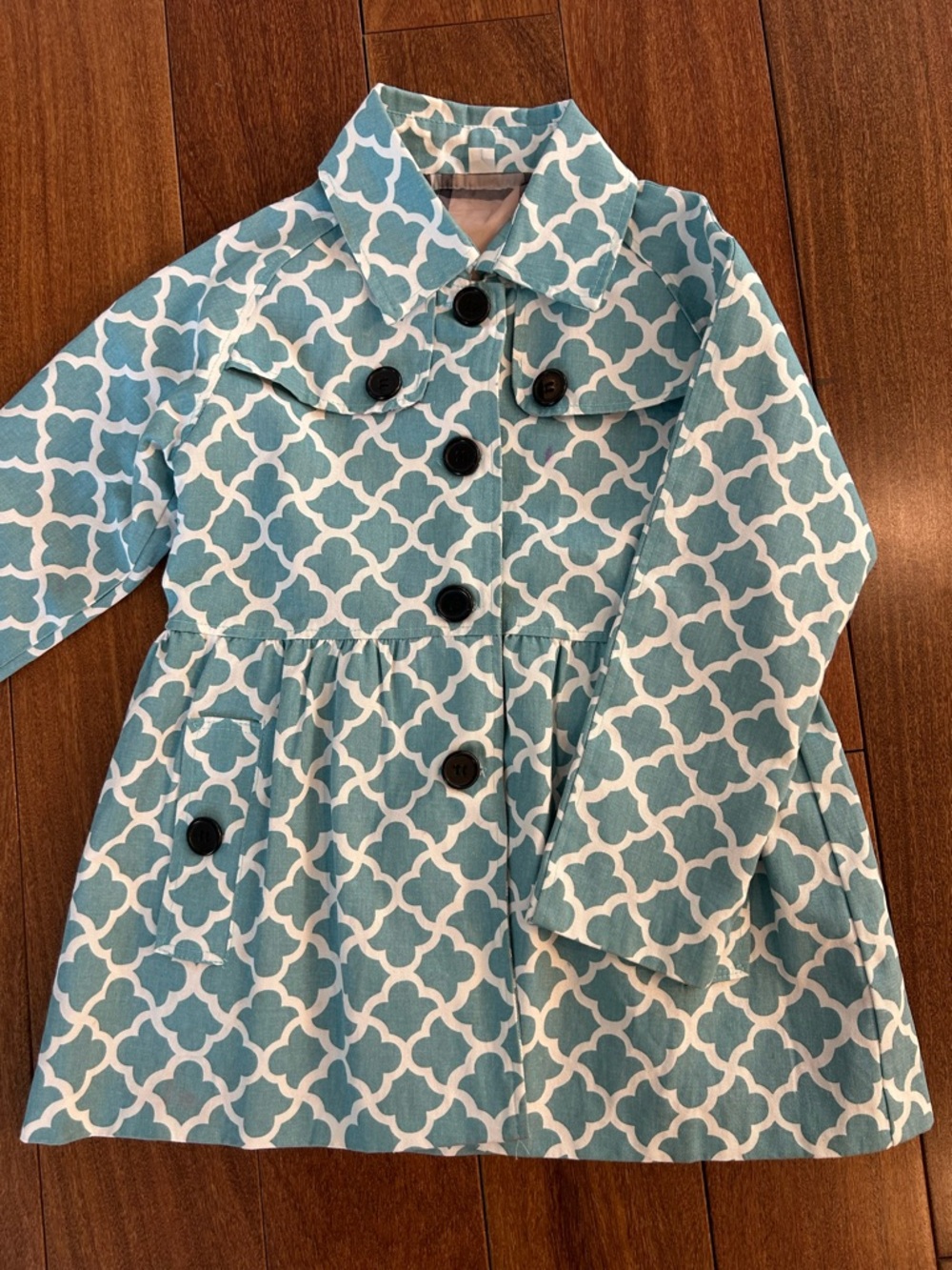 Amazon Teal and White Patterned Girls' Pea Coat